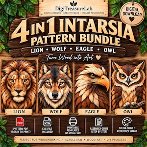 Intarsia-patronenbundel, Leeuw, Wolf, Adelaar, Uil, Figuurzaag downloaden