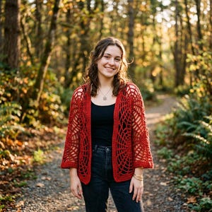 May include: A dark red, open-front crochet cardigan featuring a prominent spiderweb pattern throughout the sleeves and back panels, worn over a black tank top and dark denim jeans, with three-quarter length sleeves and a straight hemline.