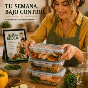 Puede incluir: Tres recipientes rectangulares de vidrio para almacenamiento de alimentos con tapas transparentes de cierre, apilados verticalmente, llenos de comidas preparadas con pollo a la parrilla, verduras, garbanzos y salmón con quinoa, junto a una tableta.