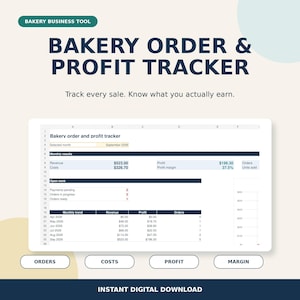 Puede incluir: Una plantilla de hoja de cálculo digital para el seguimiento de pedidos y beneficios de panadería. La interfaz muestra resultados mensuales, ingresos, costes, beneficios y márgenes. Incluye secciones para trabajo pendiente, pagos y tendencias.