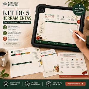 Puede incluir: Un kit de planificación de comidas digital titulado Semana Resuelta que incluye una tablet con un horario semanal, un lápiz óptico y hojas impresas con un mapa de preparación, lista de compras y lista de verificación del domingo.