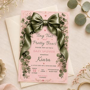 May include: A pink baby shower invitation card featuring a large olive green satin bow at the top, surrounded by eucalyptus and baby's breath illustrations. The text reads: Tiny Toes and Pretty Bows, Baby Shower, Kiara, Sunday 25 October, 1:00-4:00PM.