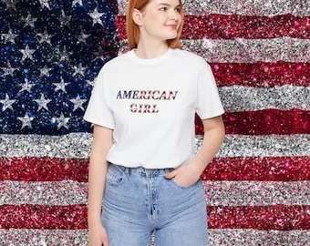 American Girl Text T-Shirt | Red Blue Patriotic Lettering Tee | Harry Styles Fan Concert Shirt