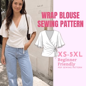 May include: A white wrap blouse with flutter sleeves and a side tie closure, accompanied by a technical line drawing of the garment. The text reads WRAP BLOUSE SEWING PATTERN, XS-5XL, Beginner Friendly, and PDF SEWING PATTERN in pink lettering.