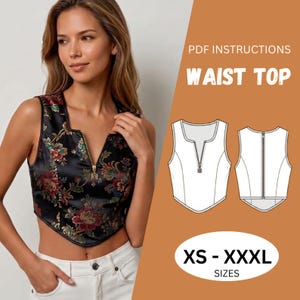 May include: A sleeveless black top featuring a floral pattern in red, green, and gold, with a front zipper closure. The image includes a technical drawing of the top showing front and back views, labeled PDF INSTRUCTIONS WAIST TOP XS - XXXL.