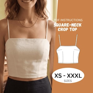 May include: A white square-neck crop top with thin spaghetti straps. The image includes text reading PDF INSTRUCTIONS SQUARE-NECK CROP TOP and XS - XXXL SIZES, alongside a black and white line drawing illustration of the garment design.