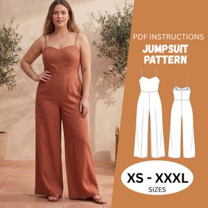 May include: A rust-colored jumpsuit with thin straps and wide legs. The image includes text reading PDF INSTRUCTIONS JUMPSUIT PATTERN and XS - XXXL SIZES, alongside a white line drawing showing the front and back views of the garment design.