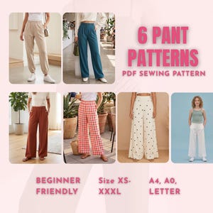 Op de afbeelding: Een collectie van 6 broekpatronen voor PDF-naaien, met diverse stijlen waaronder beige joggers, blauwgroene broeken, roestkleurige wijde broeken, rood-witte ruitbroeken, broeken met stippen en witte broeken. Tekst: 6 PANT PATTERNS.