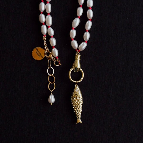 PARELKETTING, visbedel, bedelketting, handgeknoopte ketting