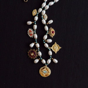 CHARM NECKLACE, Pearl Necklace, Gold Charm Necklace, White Pearl Necklace, Evil Eye Necklace, Layering Necklace