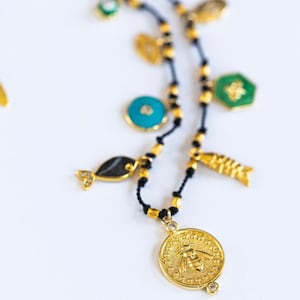Charm Necklace, ELEVEN CHARMS, Hand Knotted, Bee Charm Necklace