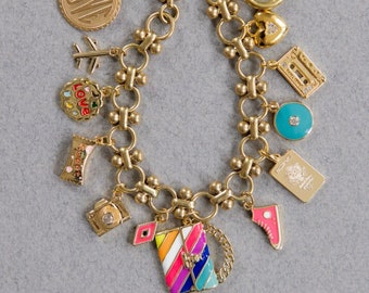 CHARM BRACELET, Enamel Charm Bracelet, Gold Charm Bracelet, Stacking Bracelet, Chunky Bracelet, Chunky Chain Bracelet, Travel Charm Bracelet
