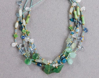 GEMSTONE BEADED NECKLACE, Layering Necklace, Colorful Necklace, Bird Charm Necklace, Blue Topaz Necklace, Aqua Marine Necklace