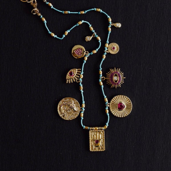 CHARM NECKLACE, Nine Charms, Gold Charm Necklace, Hand Knotted Necklace