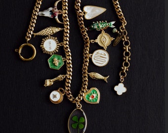 CHARM NECKLACE, Fourteen Charms, Curb Chain, Layering Necklace, Fish Charm Necklace, Chunky Necklace