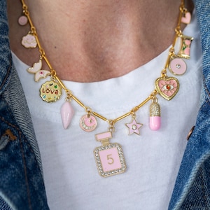 CHARM NECKLACE, Pink Charms, Gold Charm necklace, Statement Necklace