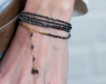 Schwarzer Hämatit Armband, Wickelarmband, Perlen Wickelarmband. Lange Perlenkette, Armband