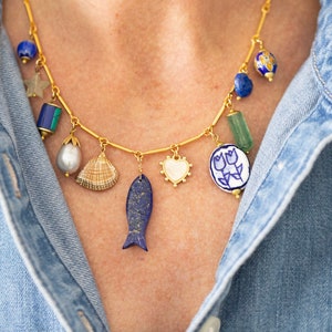 FISH CHARM NECKLACE, Lapis Necklace, Gold Charm Necklace, Gemstone Necklace, Ceramic Charm Necklace, Eleven Charms