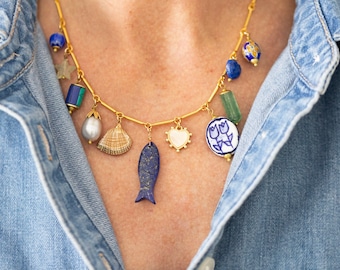 FISH CHARM NECKLACE, Lapis Necklace, Gold Charm Necklace, Gemstone Necklace, Ceramic Charm Necklace, Eleven Charms