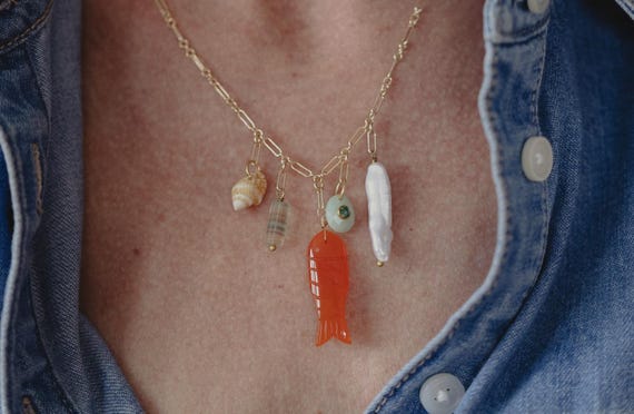 CARNELIAN NECKLACE, Fish Charm Necklace, Gemstone Necklace, Amazonite, Shell Necklace, Charm Necklace