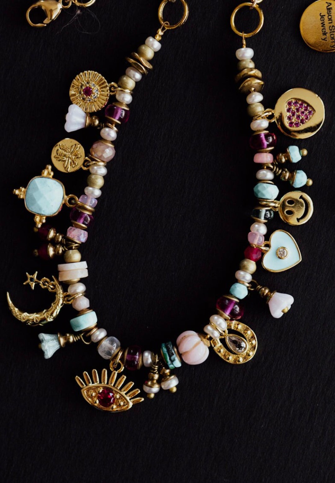 CHARM NECKLACE, Beaded Necklace, Opal Necklace, Gold Charm Necklace
