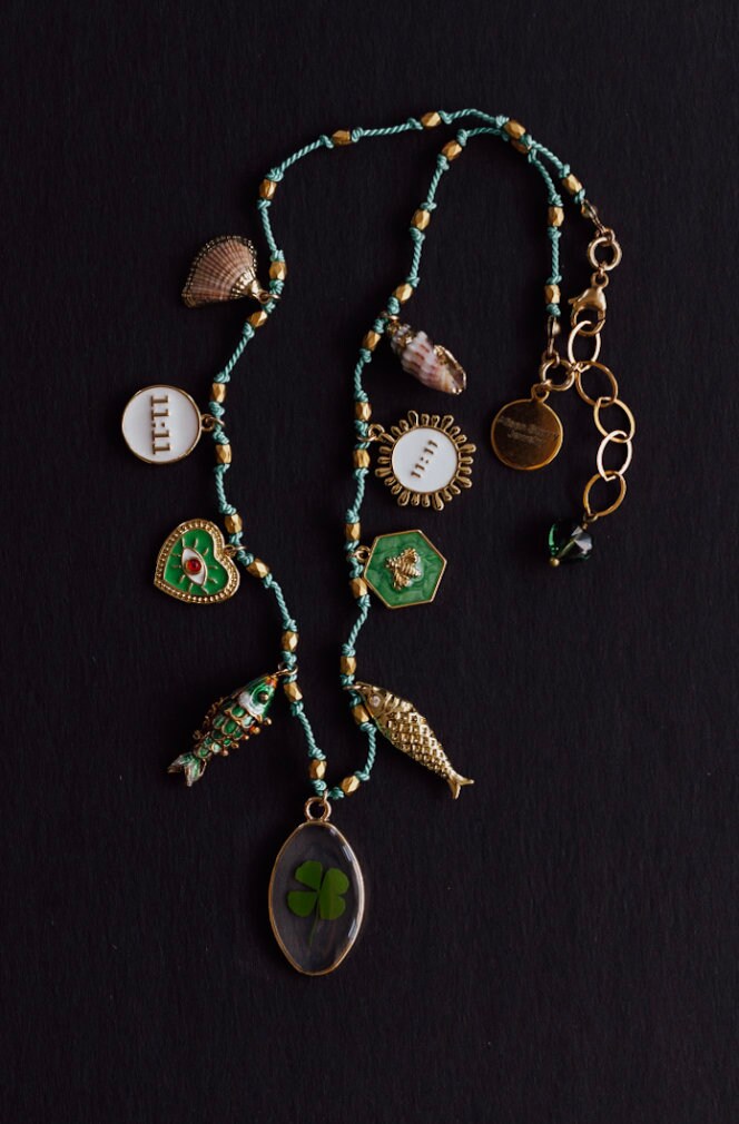 CHARM NECKLACE, NINE Charms, Four Leaf Clover, Fish Charm, Knotted Necklace, Layering Necklace