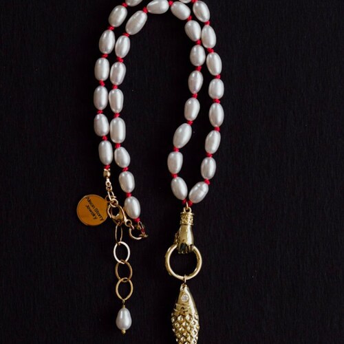 PEARL NECKLACE, Fish Charm Necklace, Charm Necklace, Hand Knotted Necklace