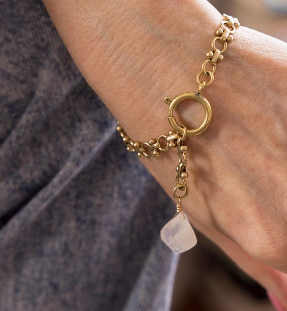 RAINBOW MOONSTONE BRACELET, Adjustable Bracelet, Vintage Chain Bracelet, Charm Bracelet, Stack Bracelet