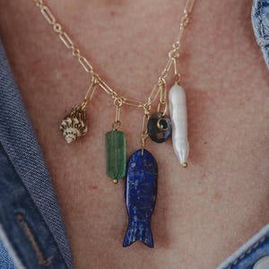 LAPIS NECKLACE, Fish Charm Necklace, Pearl Necklace, Labradorite Necklace, Charm Necklace