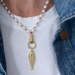 PEARL NECKLACE, Fish Charm Necklace, Charm Necklace, Hand Knotted Necklace