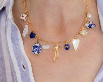 CHARM NECKLACE, Bow Charm Necklace, Heart Charm Necklace, Lapis Necklace, Charms, Gold Necklace, Delicate Charm Necklace, Ceramic Charms