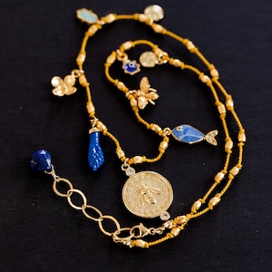 Charm Necklace, NINE CHARMS, Bee Charm Necklace, Hand Knotted Necklace, Layering Necklace