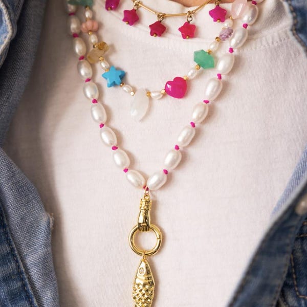 PERLENKETTE, Edelsteinkette, Candy Halskette, geschnitzte Edelsteine, Herz, Stern Halskette