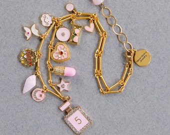 CHARM NECKLACE, Pink Charms, Gold Charm necklace, Statement Necklace