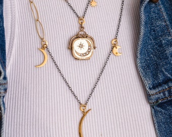 Gold Layering Necklaces, Layering Necklaces, Moon and Stars Necklace, Mixed Metal Necklace,  Long Necklace, Charm Necklace,