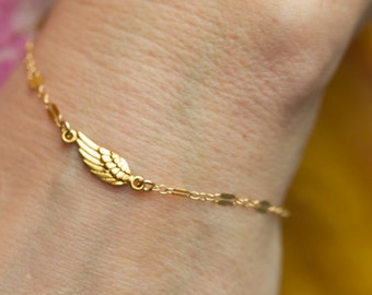 Angel Wing Bracelet, Angel Bracelet, Gold Charm Bracelet, Dainty Bracelet, Simple Bracelet, Layering Bracelet, Sideways Wing Bracelet, Boho