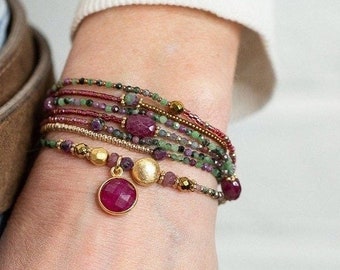 Rubin Armband, JULY BIRTHSTONE, Rubine, Rubin Zoisit, Gold Hämatit, 7 Mal wickelbar, Wickelarmband