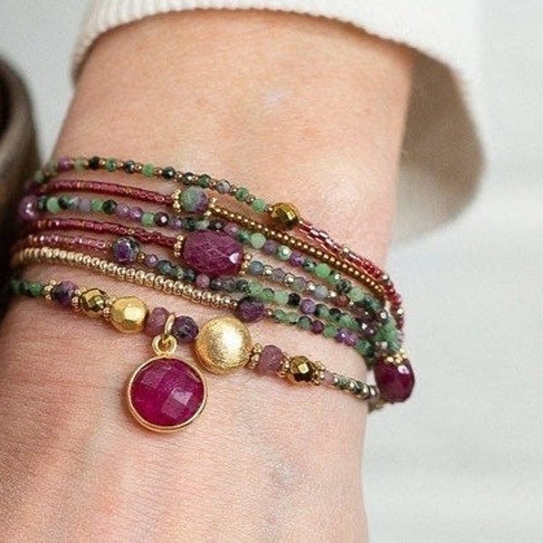 Ruby Bracelet, JULY BIRTHSTONE, Rubies, Ruby Zoisite, Gold Hematite, Wraps 7 Times,  Wrap Bracelet