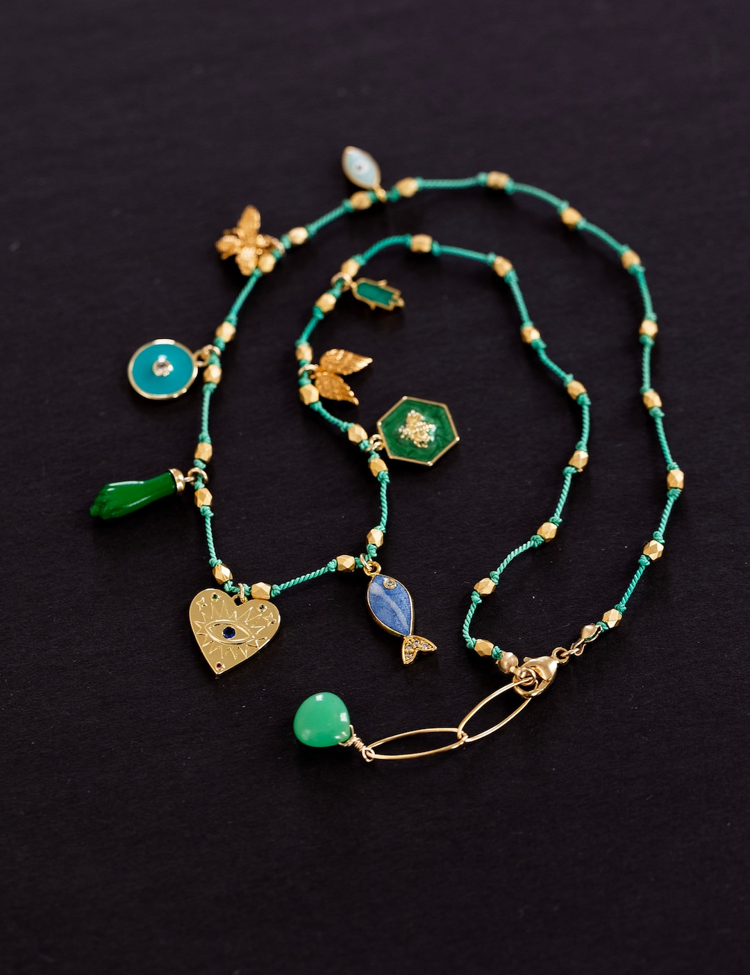 Charm Necklace, NINE CHARMS, Hand Knotted Necklace, Layering Necklace