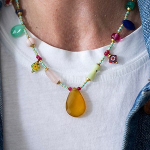 BEADED NECKLACE, Gemstone Beaded Necklace, Charm Necklace, Layering Necklace, Colorful Necklace, Beer Quartz, Lapis, Opal, Tanzanite