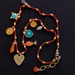Charm Necklace, NINE CHARMS, Hand Knotted, Turquoise, Heart Charm, Layering Necklace