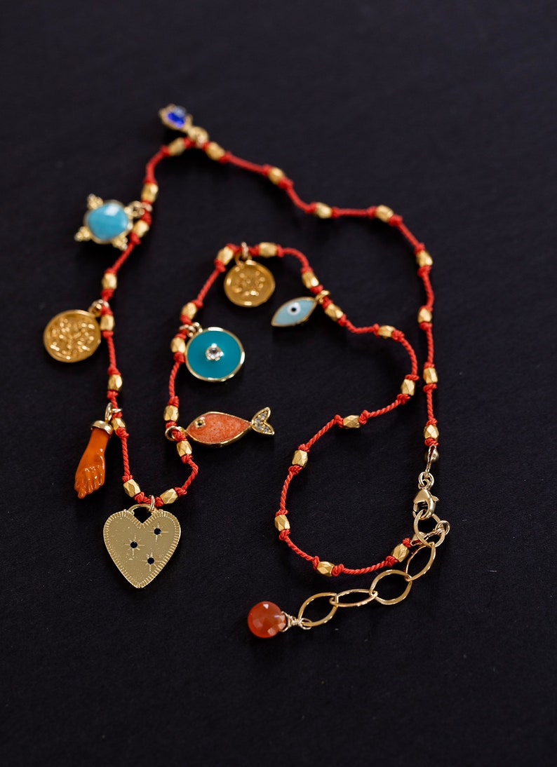 Charm Necklace, NINE CHARMS, Hand Knotted, Turquoise, Heart Charm, Layering Necklace image 1