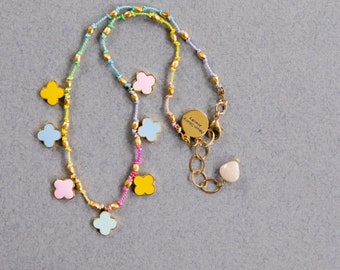 CLOVER CHARM NECKLACE, Hand Knotted Necklace, Charm Necklace, Rainbow Necklace, Layering Necklace, Candy Necklace