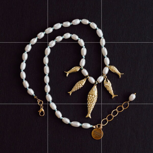 PEARL NECKLACE, Fish Charm Necklace