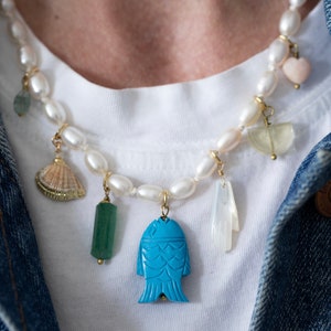 PERLE CHARM HALSKETTE, Fisch Charm Halskette, Muschelkette, Charm Halskette, Perlenkette