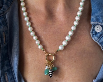 PEARL CHARM NECKLACE, Star Charm, Shell Charm, Hand Knotted Necklace, Clover Charm, Pearl Necklace