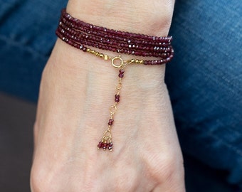 Garnet Bracelet, WRAPS 5 TIMES, Garnet, hematite, Gold Bracelet, Wrap Bracelet, Long Necklace