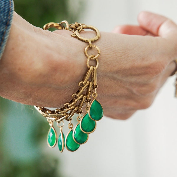 GEMSTONE CHARM BRACELET,  Charm Bracelet, Green Onyx Bracelet, Chunky Bracelet, One Of A Kind Bracelet