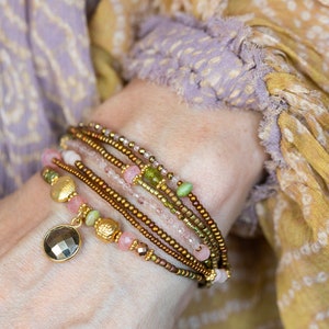 Rose Quartz Bracelet, JANUARY BIRTHSTONE,  Rose Quartz, Moonstone, Peridot, Wraps 7 Times, Wrap Bracelets