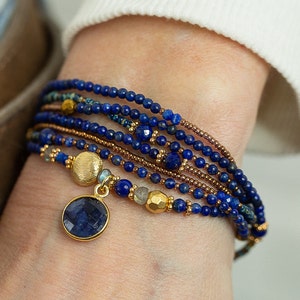 Sapphire Bracelet, SEPTEMBER BIRTHSTONE, Lapis Lazuli, Labradorite, Gold Hematite, Wraps 7 times, Wrap Bracelet